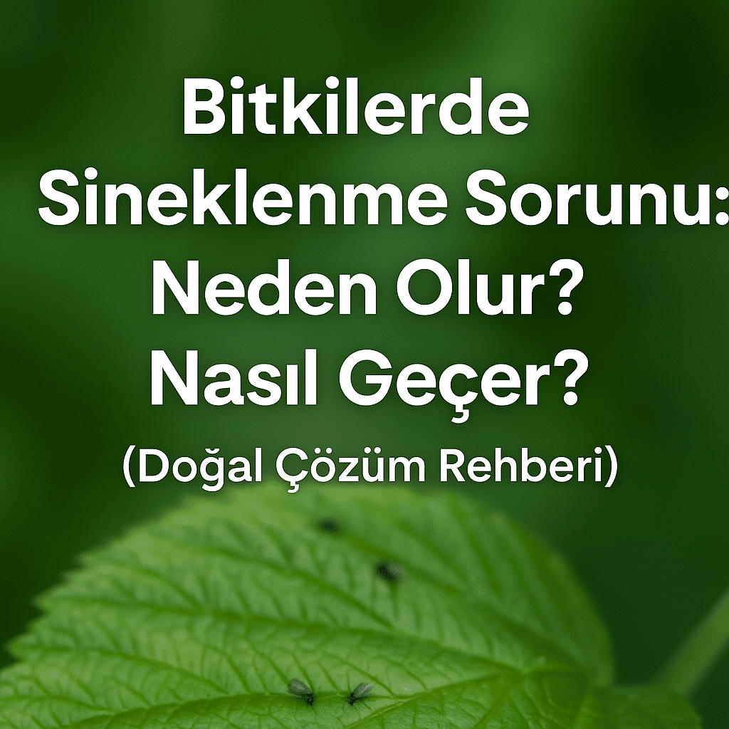 Bitki yaprağı üzerindeki sineklerle birlikte, “Bitkilerde Sineklenme Sorunu: Neden Olur? Nasıl Geçer?” başlıklı bilgilendirici blog görseli.
